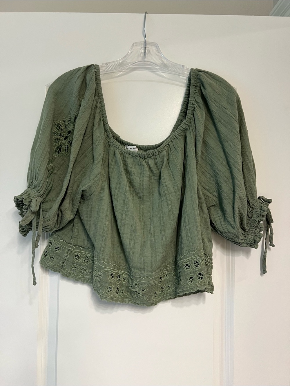 American Eagle Olive Green Peasant Blouse with Eyelet Trim